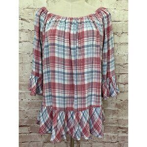 Beach Lunch Lounge Peplum Top Size S Pink Blue 3/4 Bell Sleeve Off The Shoulder